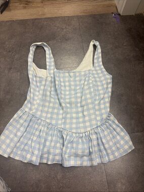 Avec Les Filles Blue and White Gingham Peplum Tank Top